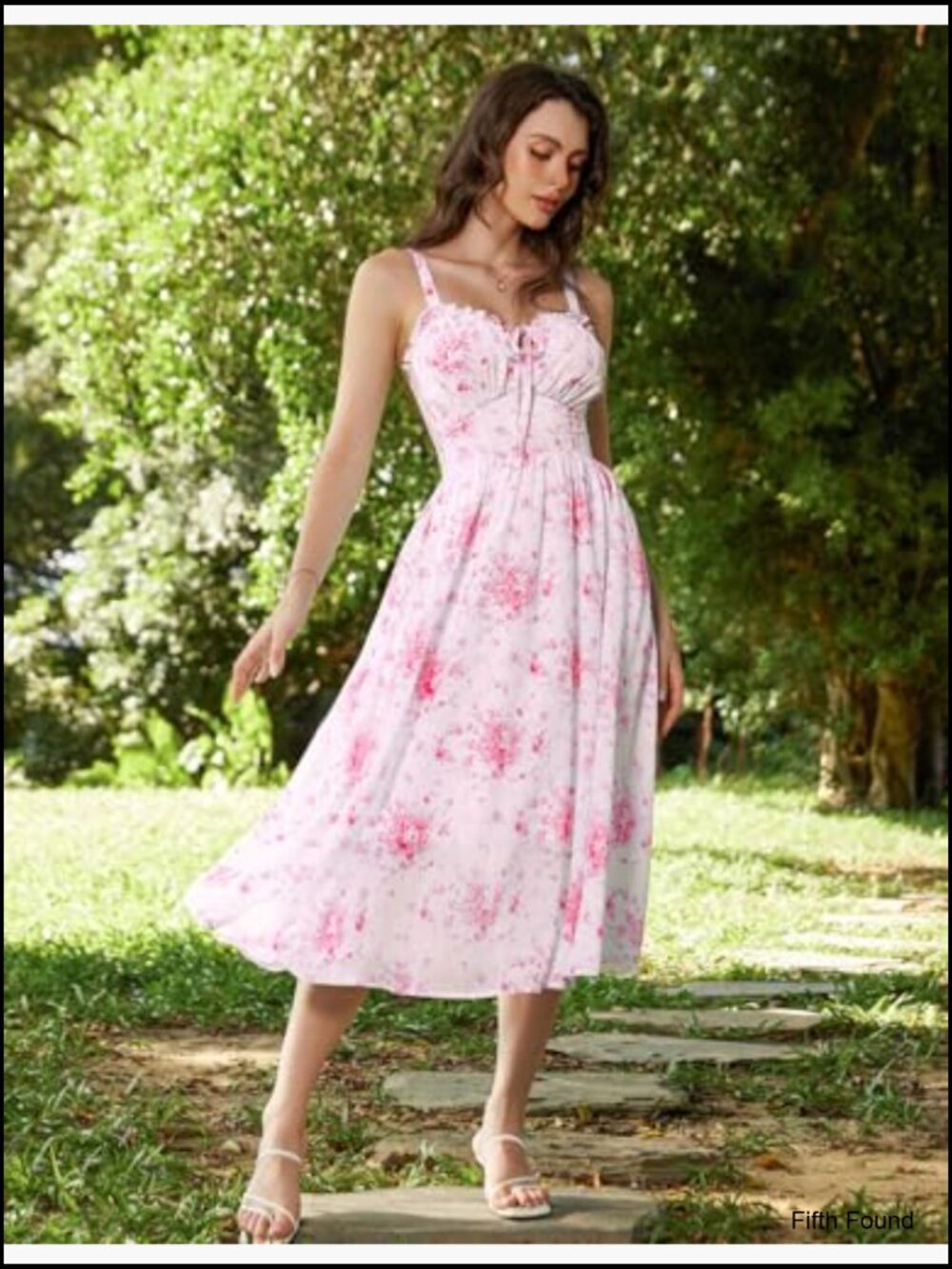 Floral Corset Midi Dress with Pocket Square Neck Sleeveless A-Line Summer - Picture 2 of 7